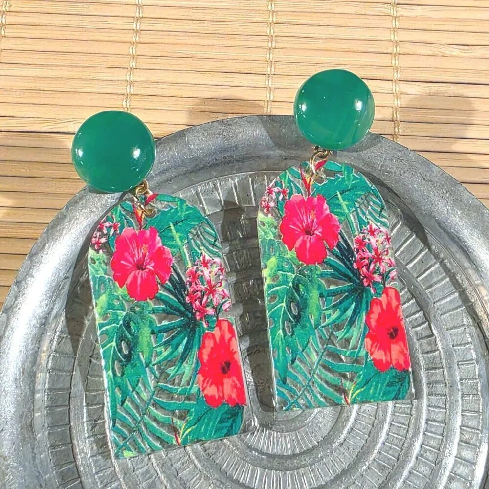 Retro 80s Style Tropical Flowers Plants Vintage Lucite Pendant Dangle earrings